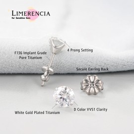 Limerencia Moissanite Titanium Stud Earrings for Women,D Color VVS1 Clarity Round Cut Moissanite Diamond Earrings,G23 Implant Grade Hypoallergenic Titanium Earrings for Women Men Sensitive Ears