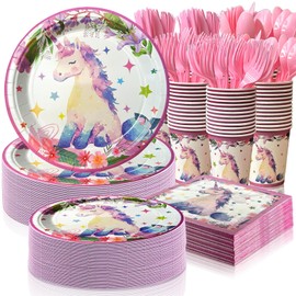 LFSTGN 350 PCS Unicorn Birthday Plates and Napkins Sets Includes Disposable Plates Dessert Plates Napkins Cups Plastic Knives Forks Spoons Disposable Dinnerware Set For Unicorn Party (50 Guest)
