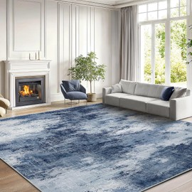 Amada 9x12 Large Area Rug, Modern Abstract Living Room Rug with Non-Slip Backing & Short Pile, Washable Rug with Abstract Pattern for Living Room, Bedroom and Dinning Room, Dark Blue