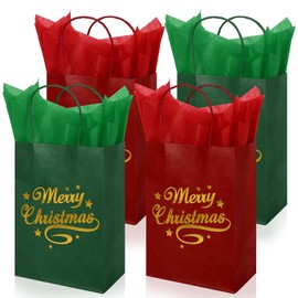 Whaline 24Pcs Christmas Kraft Paper Bags with 30 Sheets Red Green Tissue Paper Gold Merry Christmas Party Gift Bags with Handles Red Green Candy Treat Bags for Winter Xmas Supplies