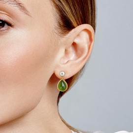 14K Gold Plated Green Jade Teardrop Earrings with Pearl Studs - Hypoallergenic Elegant Birthstone Jewelry for Women, Trendy and Timeless