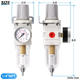 TAILONZ PNEUMATIC 0-150PSI 1/4 Inch NPT 5 Micron Copper Element Air Filter Pressure Regulator Combo Piggyback, Air Tool Compressor Filter with Gauge