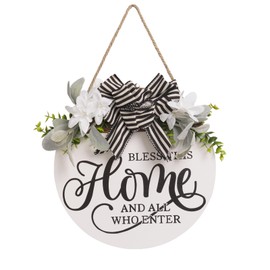 pechpell Welcome Sign for Front Door, 11.8 Inch Bless This Home and All Who Enter Sign with Wreaths, Round Wood Wall Hanging Decor for Home Front Porch Outdoor