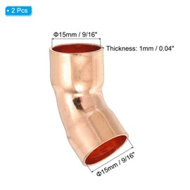 PATIKIL 15mm 1mm Thick Elbow Copper Fitting, 2Pcs 99.9% Pure Copper Pipe Fitting 45 Degree Short Radius Tube Connector Sweat Solder for HVAC Refrigeration System