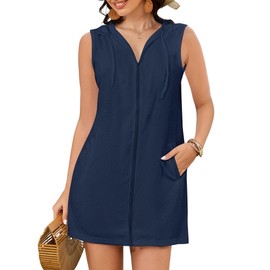 Bsubseach Terry Cloth Cover Up - Women Hooded Swimsuit Coverup Zipper Beach Coverups Sleeveless Swim Robes with Pockets Navy Blue XXL