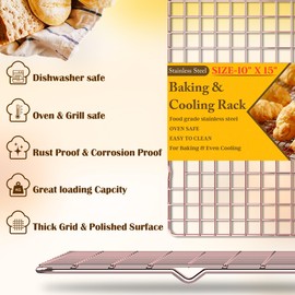 2-Pack Cooling Racks for Cooking and Baking - 10" x 15"Heavy Duty Stainless Steel Wire Rack for Baking, Grilling, Roasting - Oven & Dishwasher Safe - Fits Jelly Roll Sheet Pan-Rose Gold