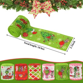 Christmas Ribbon Wired Edge Christmas Tree Ribbon Xmas Funny Cartoon Character Craft Ribbon,Gift Wrapping, Wreaths Bows DIY, Garland, Home Decor -2.5 Inchx6 Rolls Total 36Yard