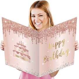 Jumbo Birthday Card With Envelope, Giant Guest Book Happy Birthday Greeting Cards for Girls Women, Large Birthday Card Gifts Decorations Party Supplies, Pink Rose Gold Extra Big Birthday Card Decor(14