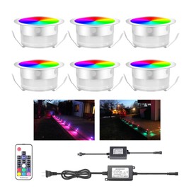 YZGWZLD 6 Pack RGB LED Deck Lights, IP67 Waterproof Low Voltage 12V Recessed Step Lights Φ39.5mm, Outdoor Embedded Lighting for Deck/Terrace/Kitchen/Bathroom, Garden Stair Lighting Kit