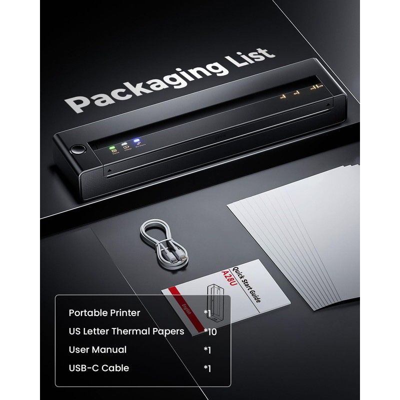 TATTMUSE Portable Thermal Printer A4, A28U Wireless no Ink Printer