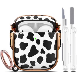 R-fun Compatible with AirPods Case with Security Lock with Cleaning Kit, Floral Print for AirPods 1st/2nd Generation Case for Women Men with Keychain,Cow Pattern