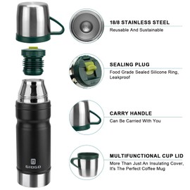 Vacuum Insulated Water Bottle Thermo Water Flask with Cup 680ml/23oz Stainless Steel Thermal Water Bottles Thermo for Hot and Cold Drinks Coffee Water(Black,Set)