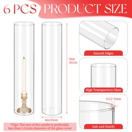 6 Pcs Hurricane Candle Holder Sleeve, H:16" D:4" Bottomless Glass Cylinder Candleholder Tall Clear Glass Cylinder Open Both Ends, Chimney Tube Cover, Open Ended Candle Shade