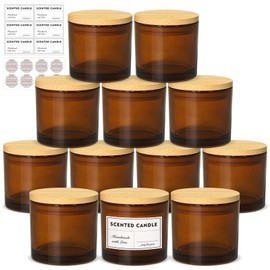 SUPMIND 4oz Candle Jars 12 Pack- Amber Empty Glass Candle Jars with Bamboo Lids, with Stickers and Labels, Bulk Small Candle Jars for Making Candles Containers - Dishwasher Safe