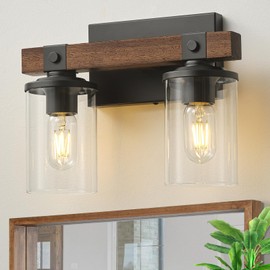 GoYeel Farmhouse Vanity Lights for Bathroom, Wooden Rustic Vanity Lighting fixtures 2-Light Bathroom Lights Over Mirror Vintage Wall Sconce Lighting with Clear Glass Shade for Bedroom Hallway