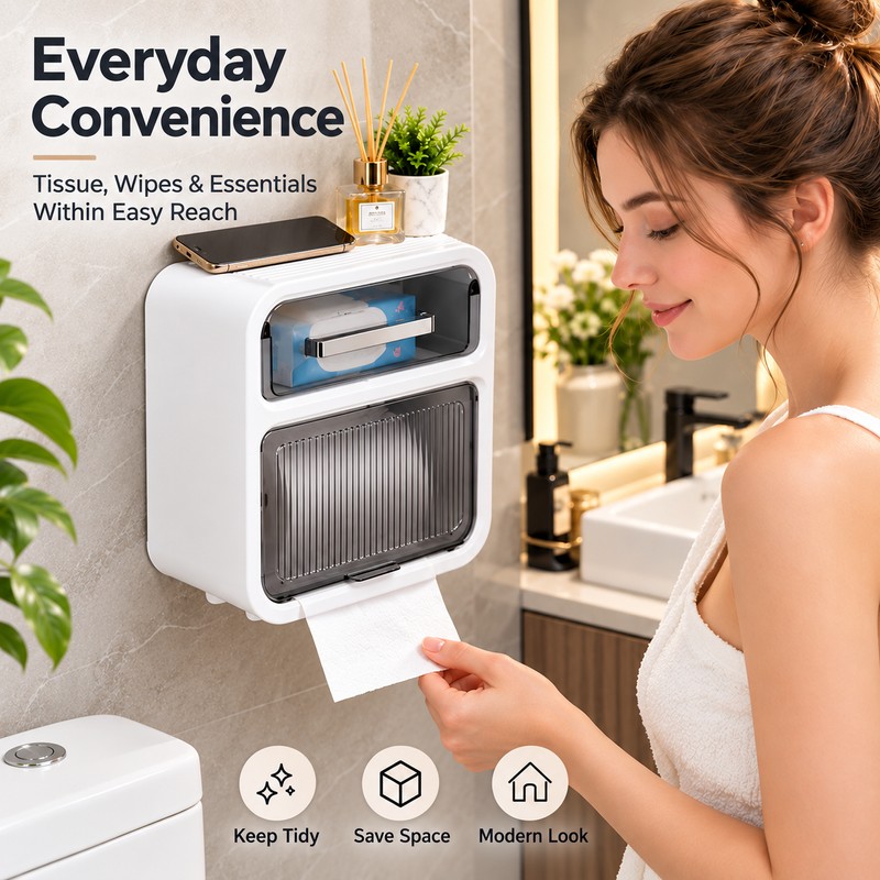 Wall-Mounted Toilet Paper Holder with Drawer – No-Drill Waterproof Tissue