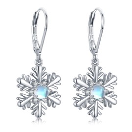 Snowflake Earrings 925 Sterling Silver Moonstone Snowflake Dangle Drop Earrings Snowflake Jewellery Christmas Gifts for Women Girls Ladies, Sterling Silver, Moonstone