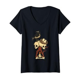 Womens Cute Crow Skull Cartoon V-Neck T-Shirt