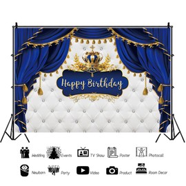 OERJU 10x8ft Royal Prince Birthday Backdrop Royal Blue and Gold Little Prince Crown Curtain Photography Background Boy Kids 1st Birthday Party Decorations Banner Photo Booth Studio Props