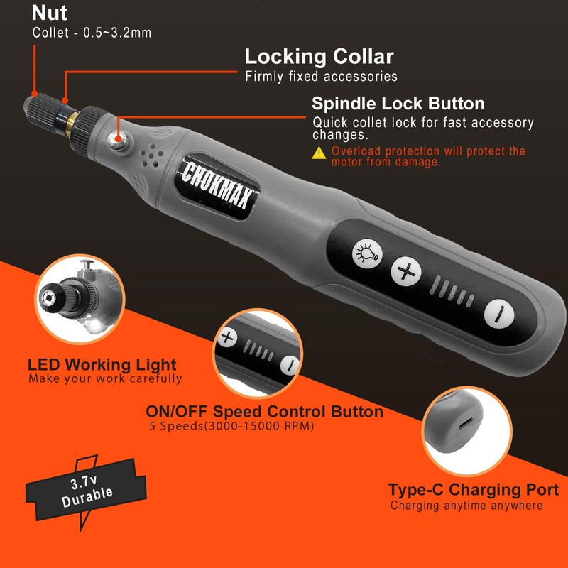 CHOKMAX Mini Wireless Rotary Tool, 5 Speed Grinder Kit with