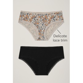 Pact Organic Soft Cotton Hipster Panties for Women, No Show Design Cheeky Bikini Underwear, 2 Pack, Black/Petal Patch Nickel - Small