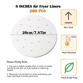 8 inch Air Fryer Parchment Paper Liners, 200pcs Round Perforated Steaming Parchment Paper Perfect for 3.5-5.8QT Air Fryer, Steamer, Pans, Replacement for No More Cleaning