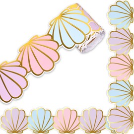 Whaline 32.8Ft Pastel Conch Bulletin Board Border Gold Foil Shell Die Cut Trim Border Roll for Summer Classroom Chalkboard?Wall Decor