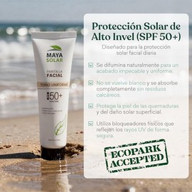 MAYA SOLAR Protector Solar Facial Tono Uniforme 50 ml, con Pigmentos Naturales para un Acabado Impecable, Bloqueador solar FPS 50+, Mineral y Biodegra