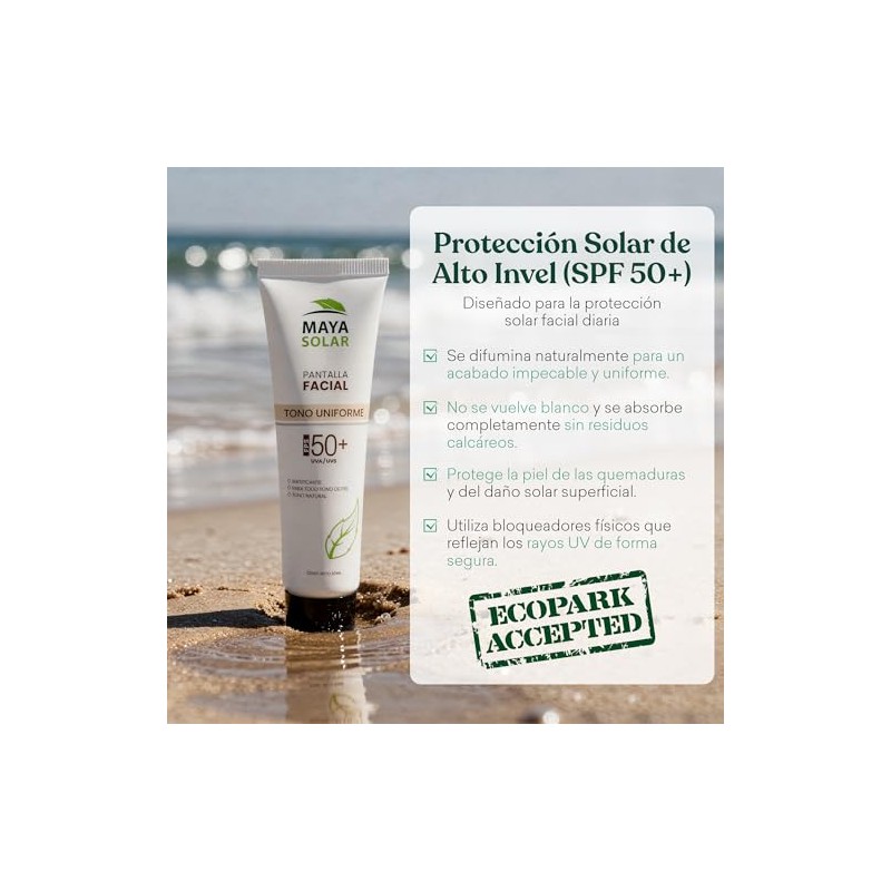 MAYA SOLAR Protector Solar Facial Tono Uniforme 50 ml, con