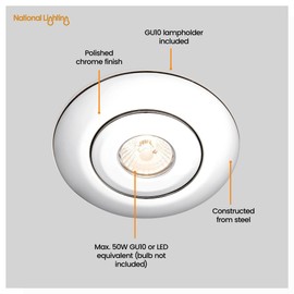 National Lighting Modern Chrome Low Voltage to 240V Mains Voltage GU10 Recessed Downlight Converter - Converts Holes ranging from Approx. 65mm to 125mm