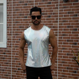 FYMNSI Men's Sparkle Metallic T Shirt Tank Tops Holographic Reflective Round Neck Sleeveless Tank Top Vest Rave Outfits Muscle Tee Shirt Musical Fesitival Party Nightclub Wear Laser Silver M
