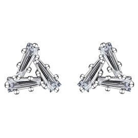 Geometric Stud Earrings for Women, DF Color VVS Clarity Moissanite Earrings, Flat Back Sterling Silver Stud Earrings with 18K White Gold (3 Stones 0.6 Carat)