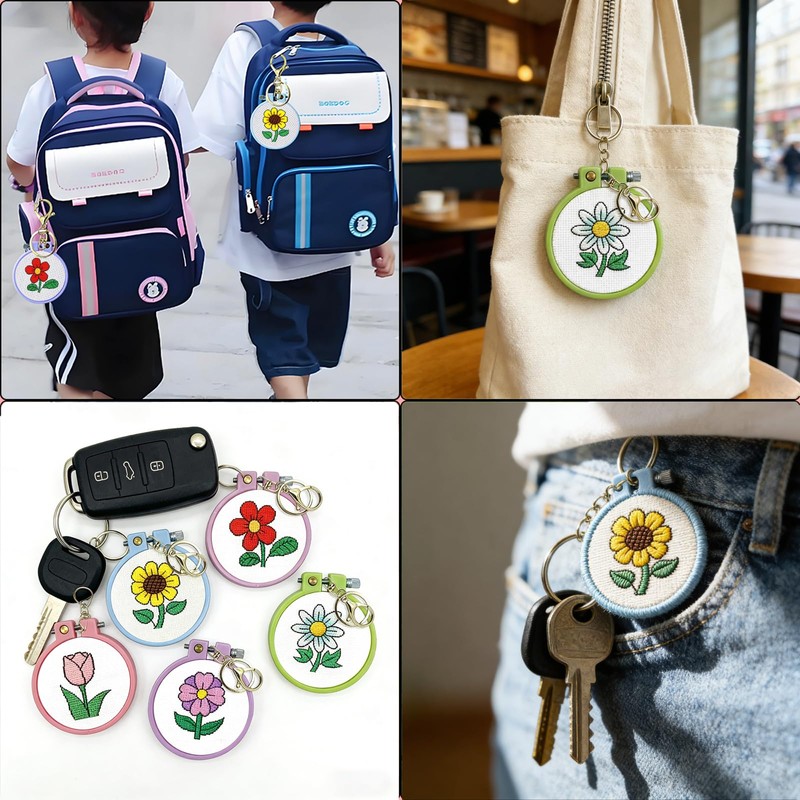 Zhenqing 5 Patterns Mini Cross Stitch Keychain Kit, DIY Flower