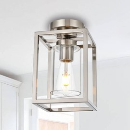 VINLUZ 1 Light Classic Semi Flush Mount Ceiling Light in Brushed Nickel Finish Industrial Metal Kitchen Ceiling Lighting Fixture with Clear Glass Shade for Dining Room Foyer