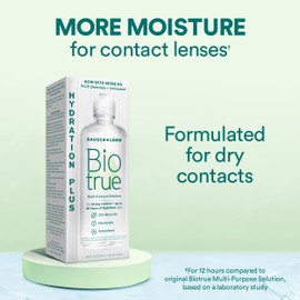 Biotrue Hydration Plus Contact Lens Solution, Multi-Purpose for Soft Lenses, Hydrates with Hyaluronan, Cleans, Clears, and Disinfects for All-Day Comfort, 4 Fl Oz (Pack of 1)
