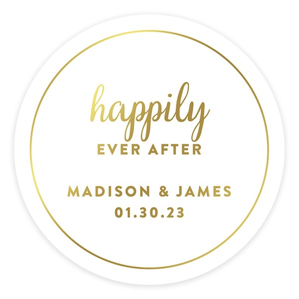 Andaz Press Personalized Round Circle Wedding Favor Gift Labels Stickers, Metallic Gold Ink, Happily Ever After, 40-Pack, Custom Made Any Name