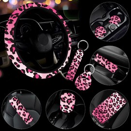 10 Pieces Leopard Print Printing Car Steering Wheel Cover Center Console Armrest Pad Headrest Seat Belt Cover Handbrake Cover Keychain Coaster Full Set Car SUV(Pink)