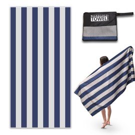 1 Pack Microfibre Beach Towels for Adults, 180 × 90 cm Quick Dry Beach Towel with Double Side Print, Lightweight Beach Towel with Net Bag, Sand Free Microfiber Towels for The Beach (Stripe Blue)