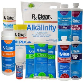Rx Clear Deluxe Spring Chemical Opening Pool Cleaning Kit | for Swimming Pools Up to 7,500 Gallons | Includes Shock, Clarifier, pH Minus, Algaecide and More | Keep Your Pool Clean and Clear