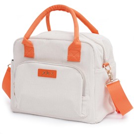 XKE-X Large Insulated Lunch Bag for Women - Reusable Cute Corduroy Lunch Box for Work, Picnic, Office, Gym, Hiking, Camping -Leakproof Cooler Lunch Tote with Shouder Strap & Multiple Pockets -Beige