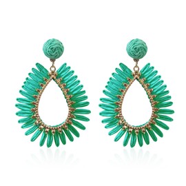Chanaiqw Statement Raffia Tassel Earrings Boho Summer Beach Lightweight Straw Wicker Dangle Drop Earrings Rattan Fringe Jewelry for Women (Green)