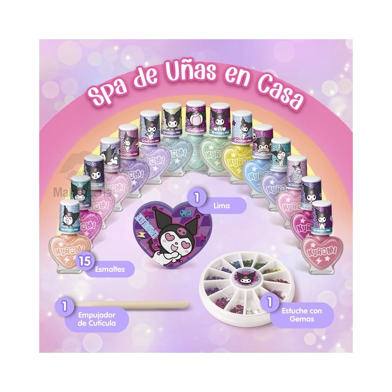 Set de Esmaltes Kuromi con 15 Piezas, Gemas y Lima