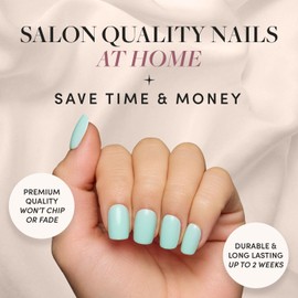 Glamnetic Press On Nails - Soft Teal | Short Squoval Light Blue, Glossy Pastel Blue Fake Nails, Reusable Spring Nails | 15 Sizes - 30 Nail Kit with Glue