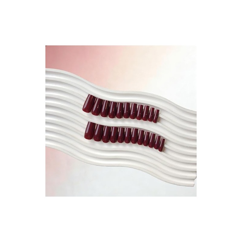 SXVME Uñas postizas cuadradas largas en rojo burdeos con pegamento