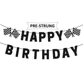 Pre-Strung Race Car Happy Birthday Banner, Race Cars Party Birthday Decorations for Boy, Black Racing Themed Birthday Party Decorations, Let’s Go Racing Party Supplies