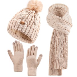 Winter Beanie Hat Scarf Gloves Set for Women, Pom Pom Fleece Lined Hat Long Knit Scarf Neck Warmer Touchscreen Gloves