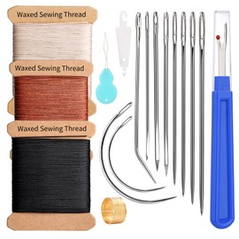 KAQRHFT Upholstery Repair Kit and Upholstery Needle, 0.55mm 98 Yard Waxed Thread with 8 Pcs Heavy Duty Leather Needles for Hand Stitching, Canvas & Quilting - Round Waxed Cord- Black/Brown/Beige