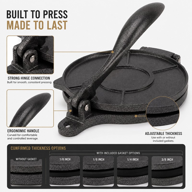 Adjustable Tortilla Press for Homemade Flatbreads – Aluminum Manual Dough
