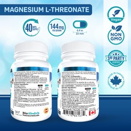 Bio Absorb Nutraceuticals Magnesium L-Threonate - Magtein. 2,000 mg w/ 144 mg of Elemental Chelated Magnesium. 120 Veggie Capsules (40-day supply)