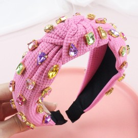 Brihasory Sparkle Rhinestone Knotted Headbands for Women and Girls Crystal Jeweled Headband Fashion Mardi Gras Accessories Party Prom Carnival Valentines Headwear Wide Headband Hair Hoop(Pink)